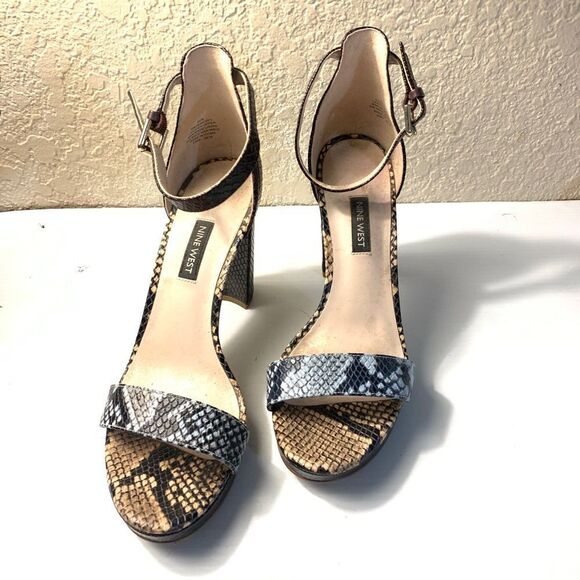 Nine West block Heel faux snake strappy leather sandals size 8.5M - Picture 1 of 10